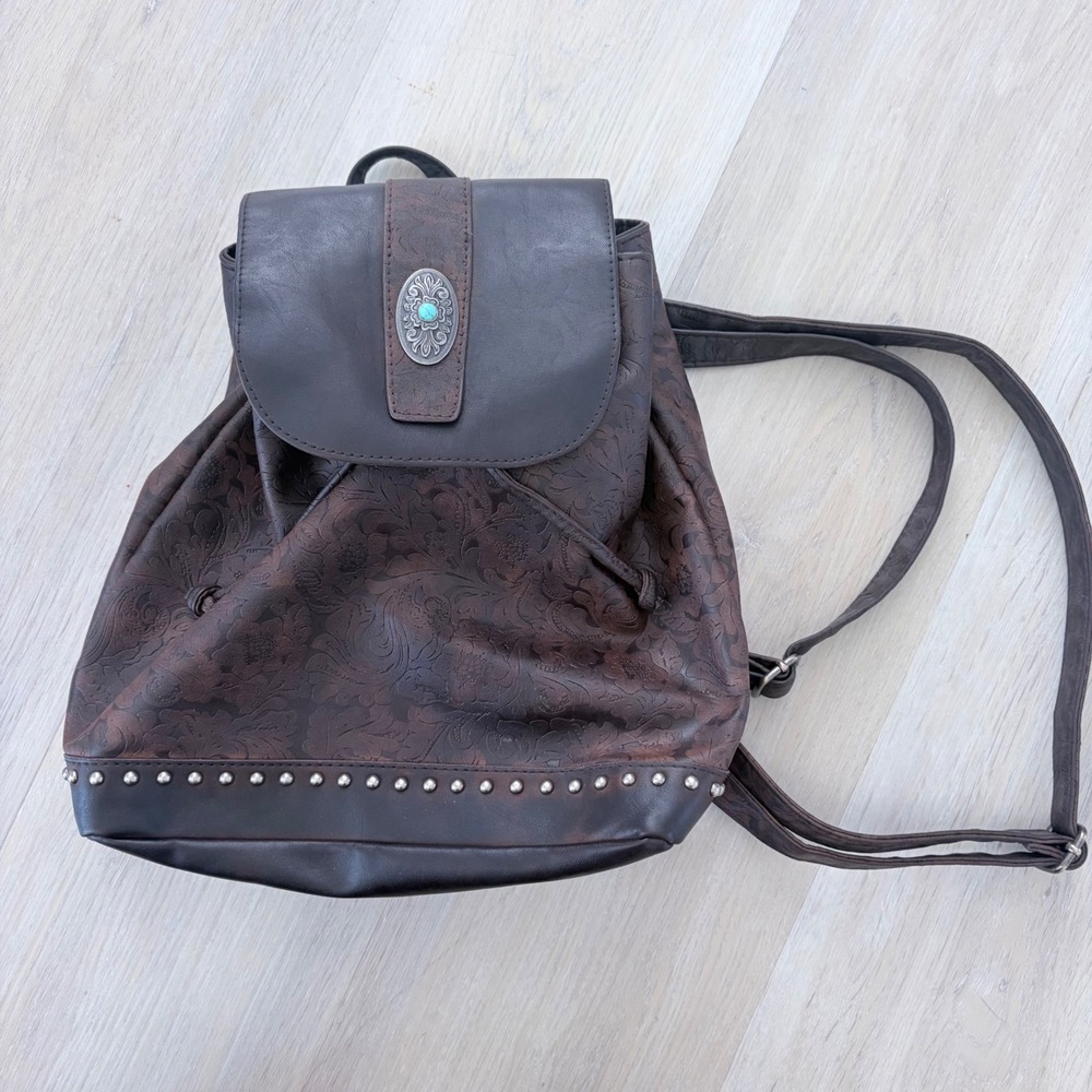 Western Brown Floral Embossed Studded Backpack Turquoise Concho Drawstring Bag